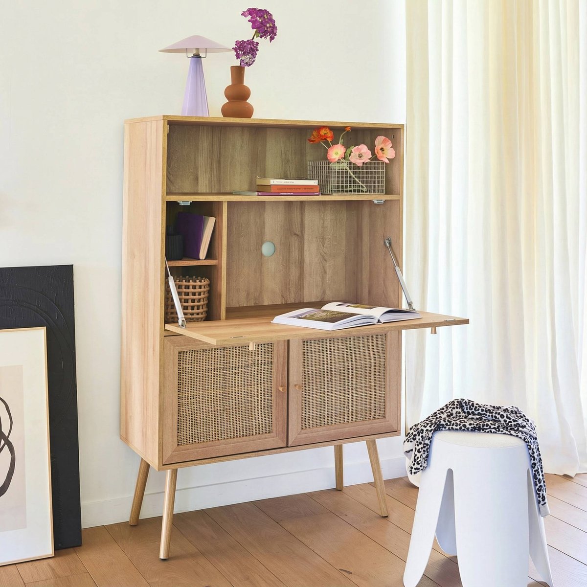 Bureau secrétaire décor bois et cannage 2 portes BOHÈME naturel, SWEEEK