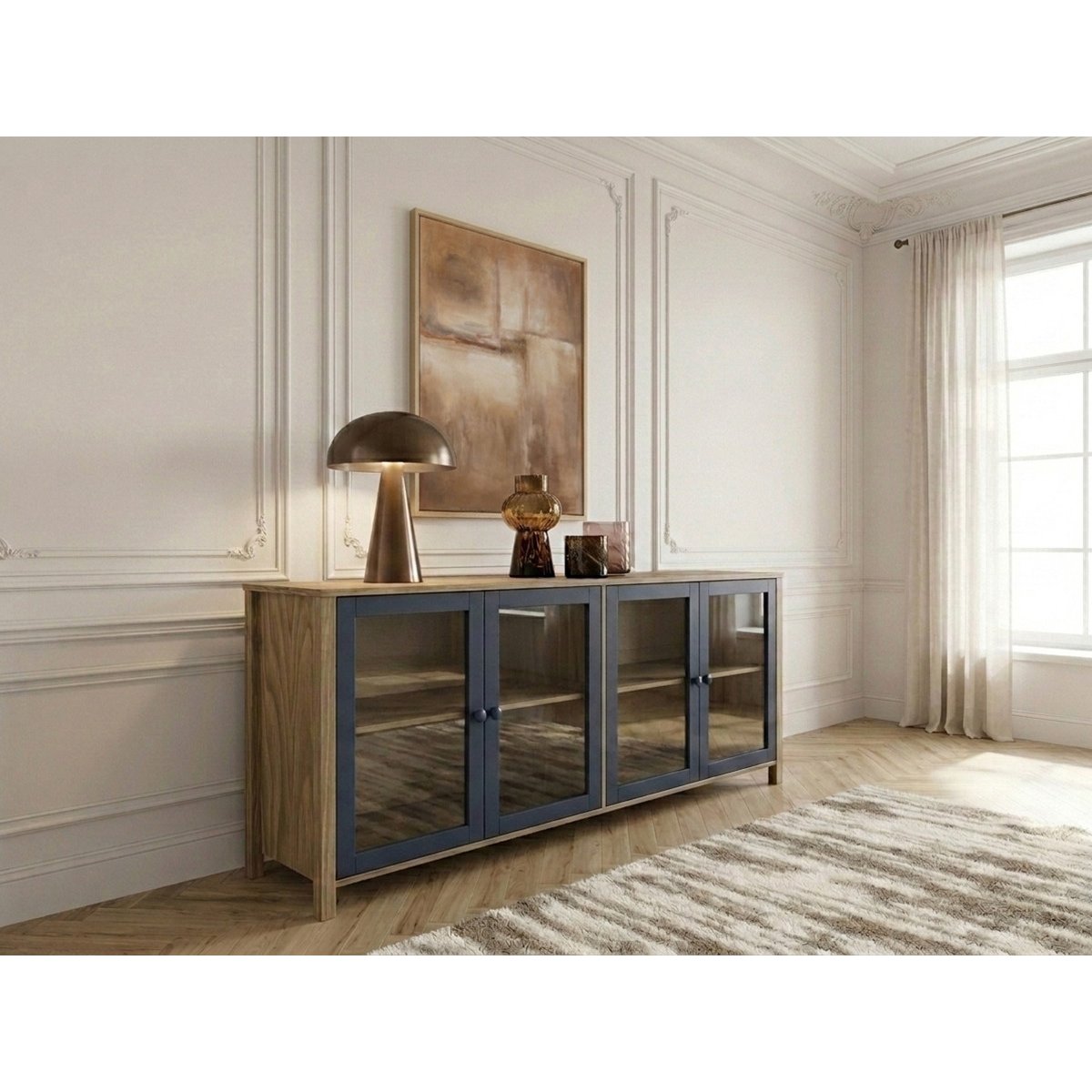 Buffet  en panneaux de particules 4 portes 186 cm, LEXIE bleu, BOBOCHIC