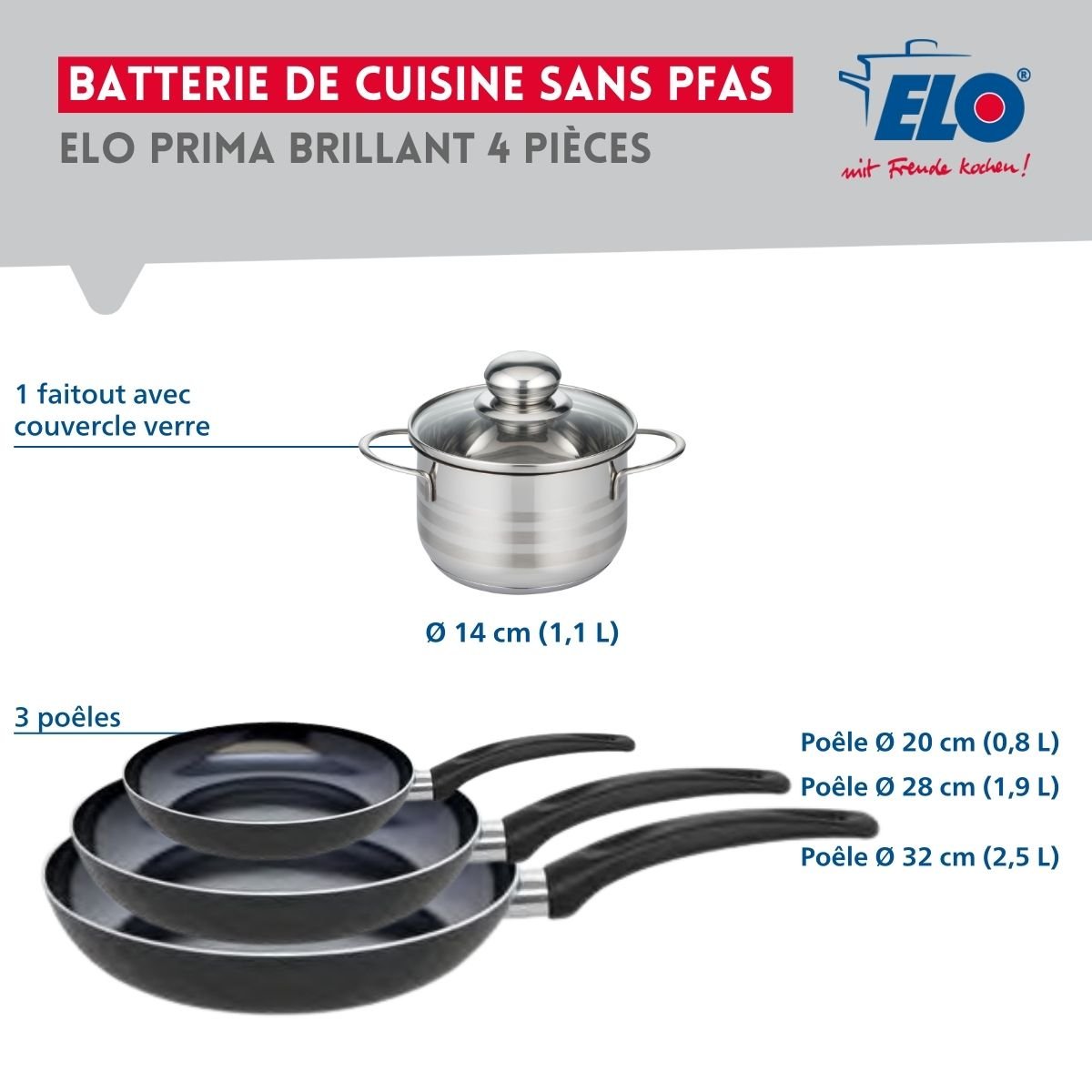 Batterie 3 poêles 20/28/32cm + 1 faitout 14cm PRIMA BRILLANT noir, ELO
