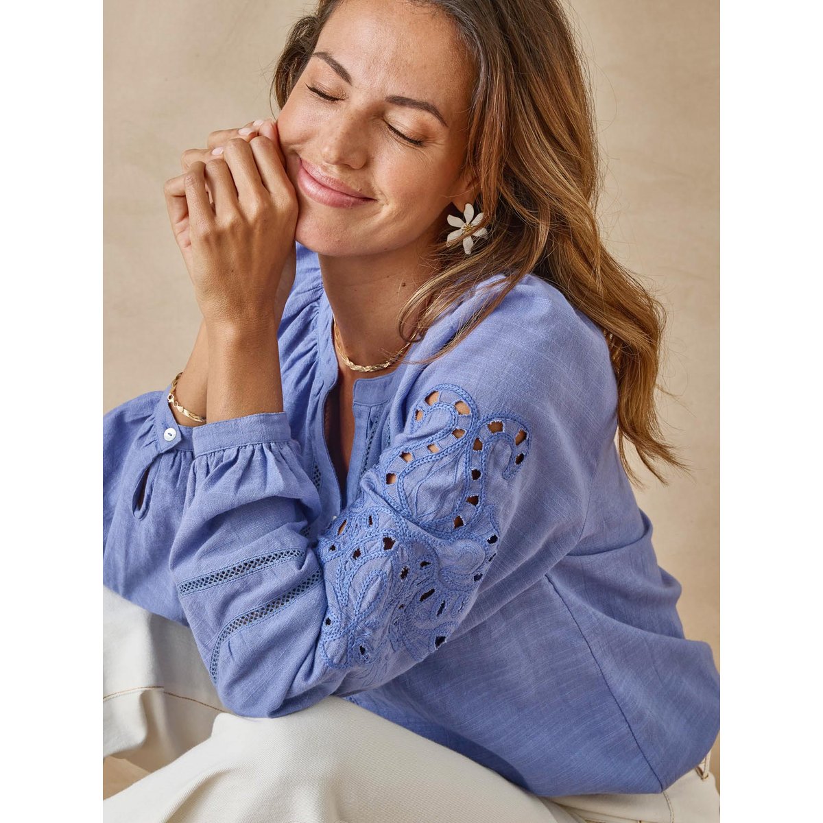 Blouse manches brodées femme bleu jean, DAXON