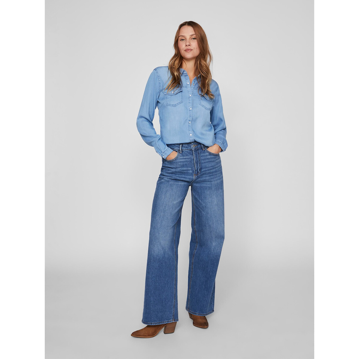 Camicia attillata, maniche lunghe blu denim, VILA