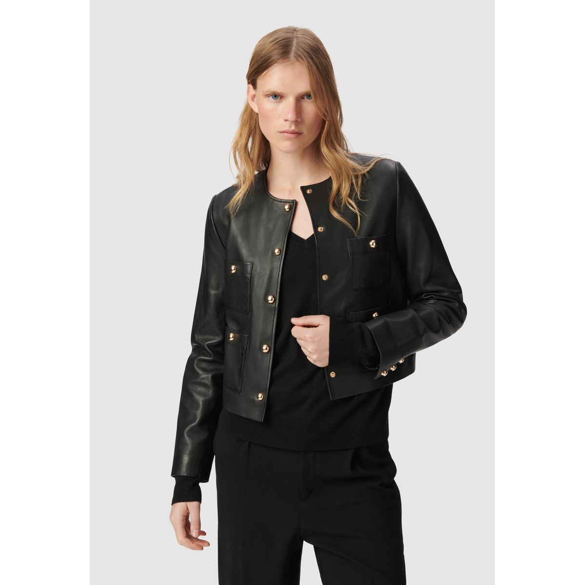 Veste courte en cuir poches plaquées noir, IKKS