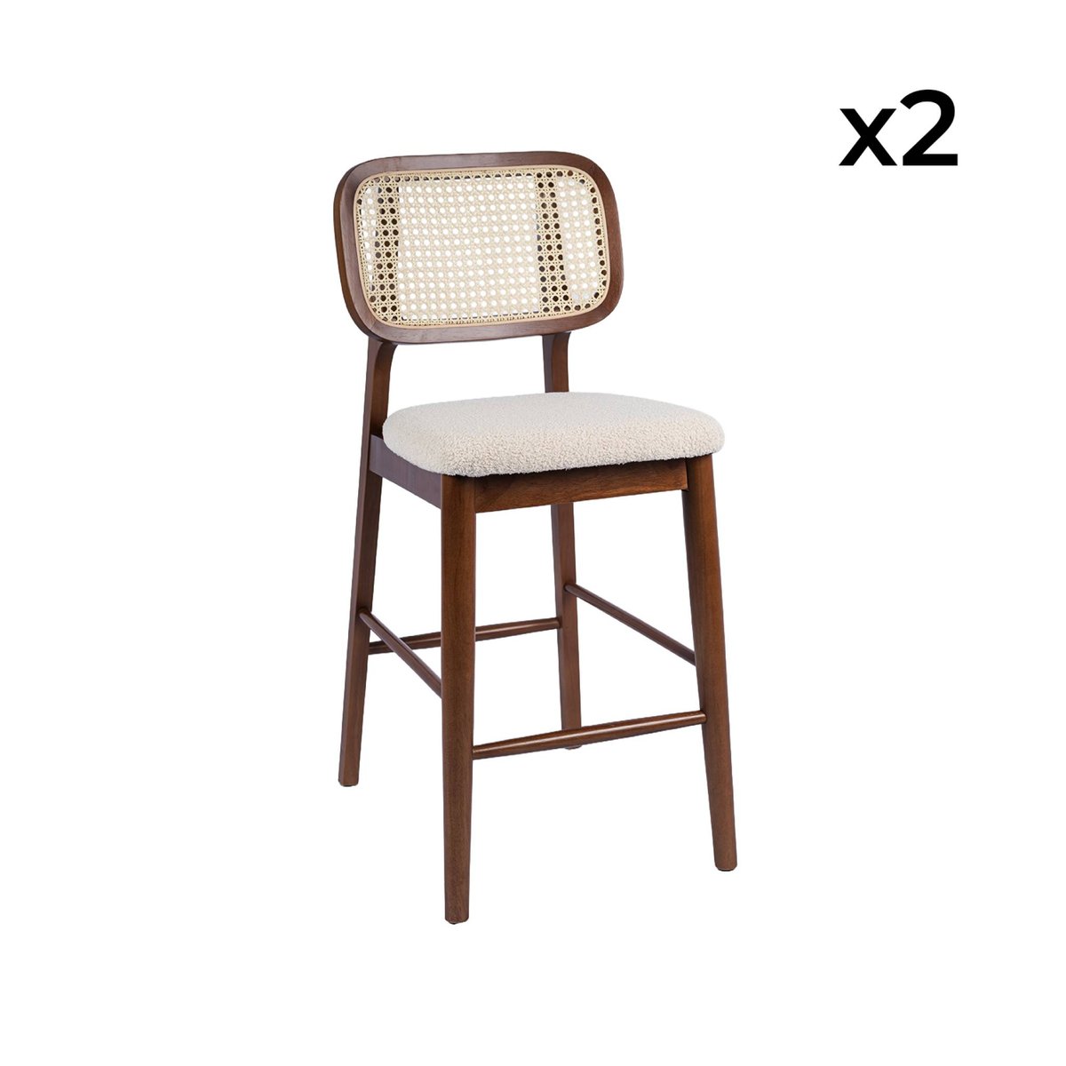 Tabouret de bar bois d'hévéa cannage et bouclette 66,5cm (lot de 2) MANI noyer, SWEEEK