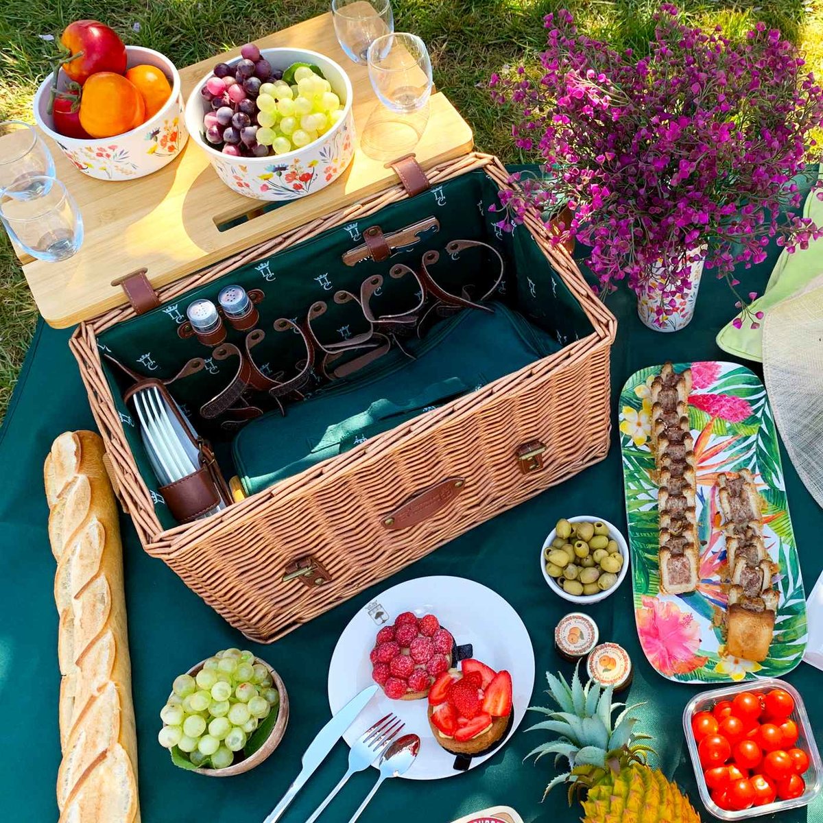 Panier picnic cuir Saint-honoré 4 pers vert foncé, LES JARDINS DE LA COMTESSE