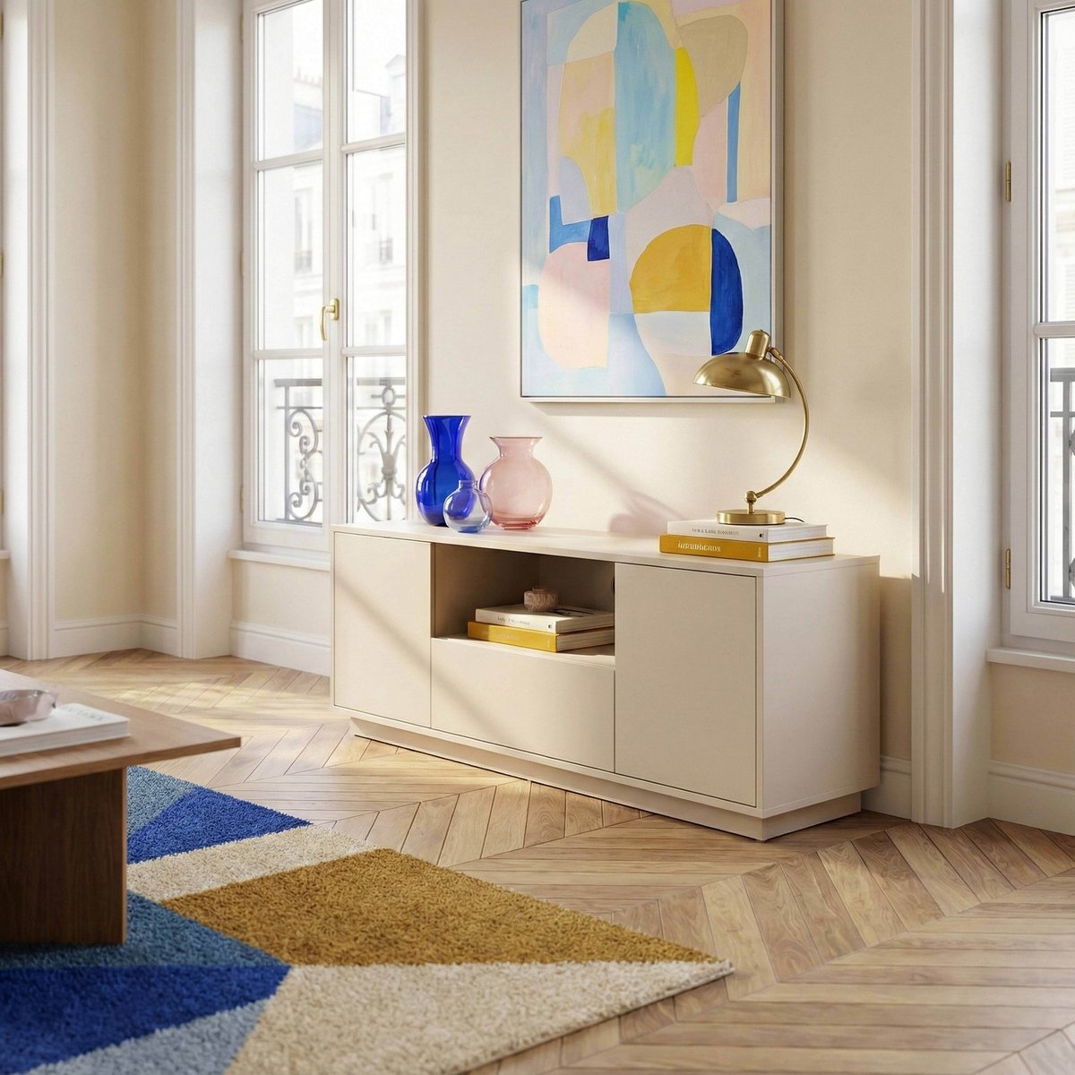 Meuble TV uni 140 cm style moderne, RUBEN ecru, OVIALA
