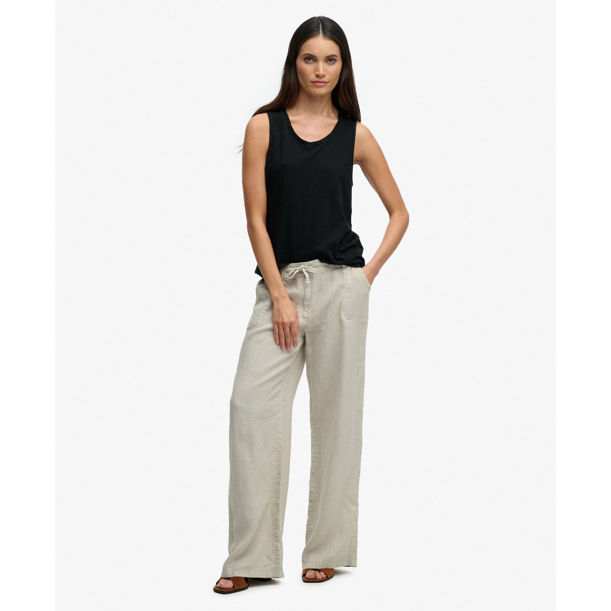 Pantalon taille basse en lin beige taupe clair, SUPERDRY