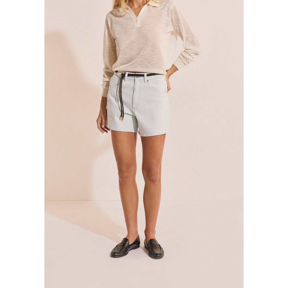Short effet jean en coton à rayures CLARA RAY imp fd blanc, ETAM