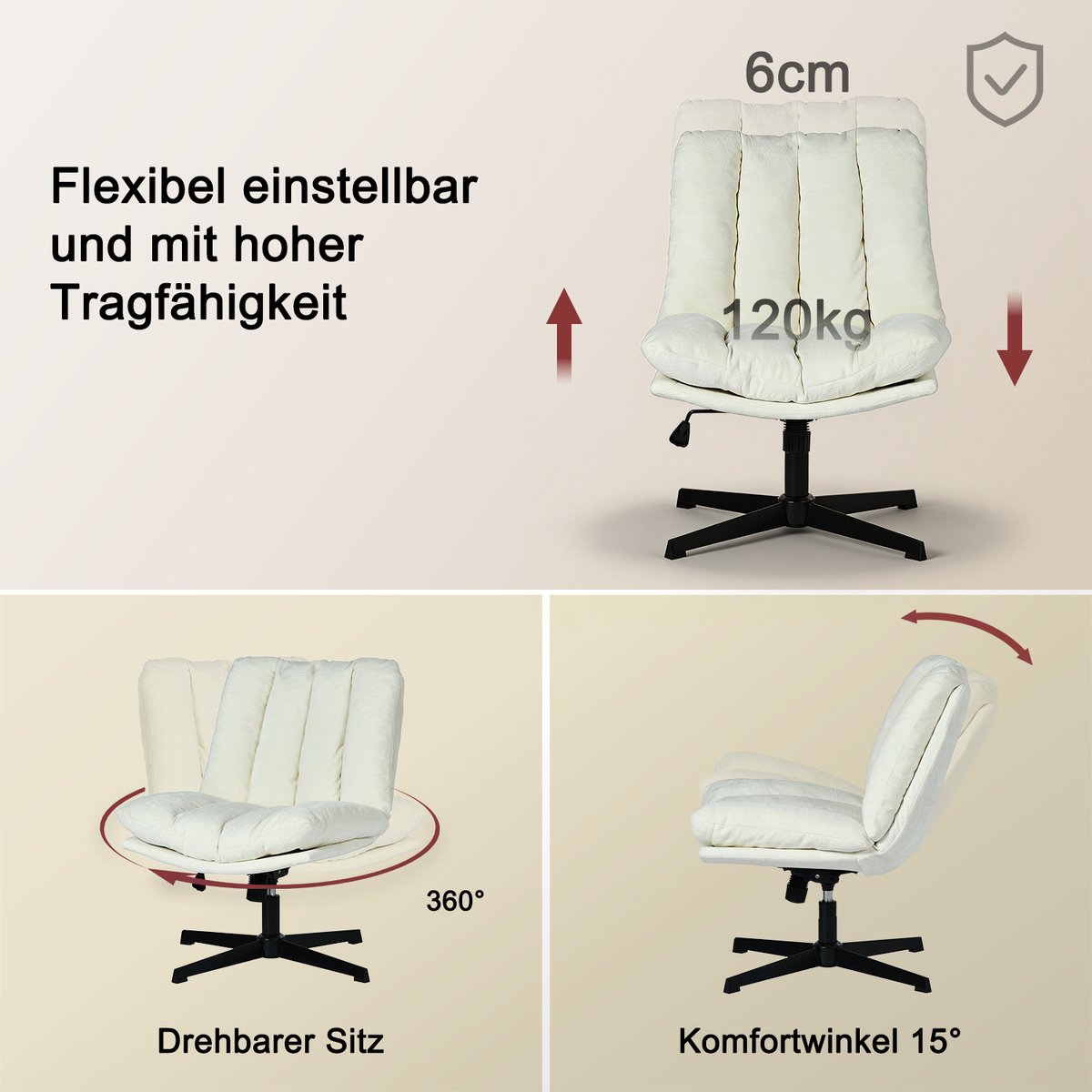 Chaise de bureau réglable et rotatif en chenille, CONFODO beige, MEUBLES COSY