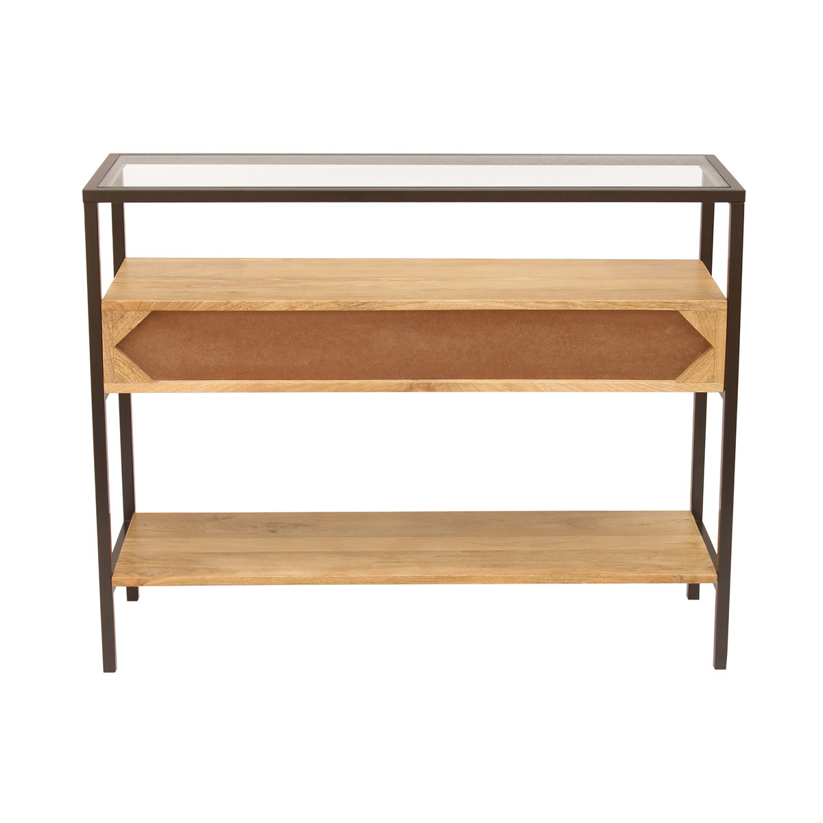 Console en bois foncé manguier massif et plateau en verre 2 tiroirs L100 cm SITA chêne clair, MILIBOO