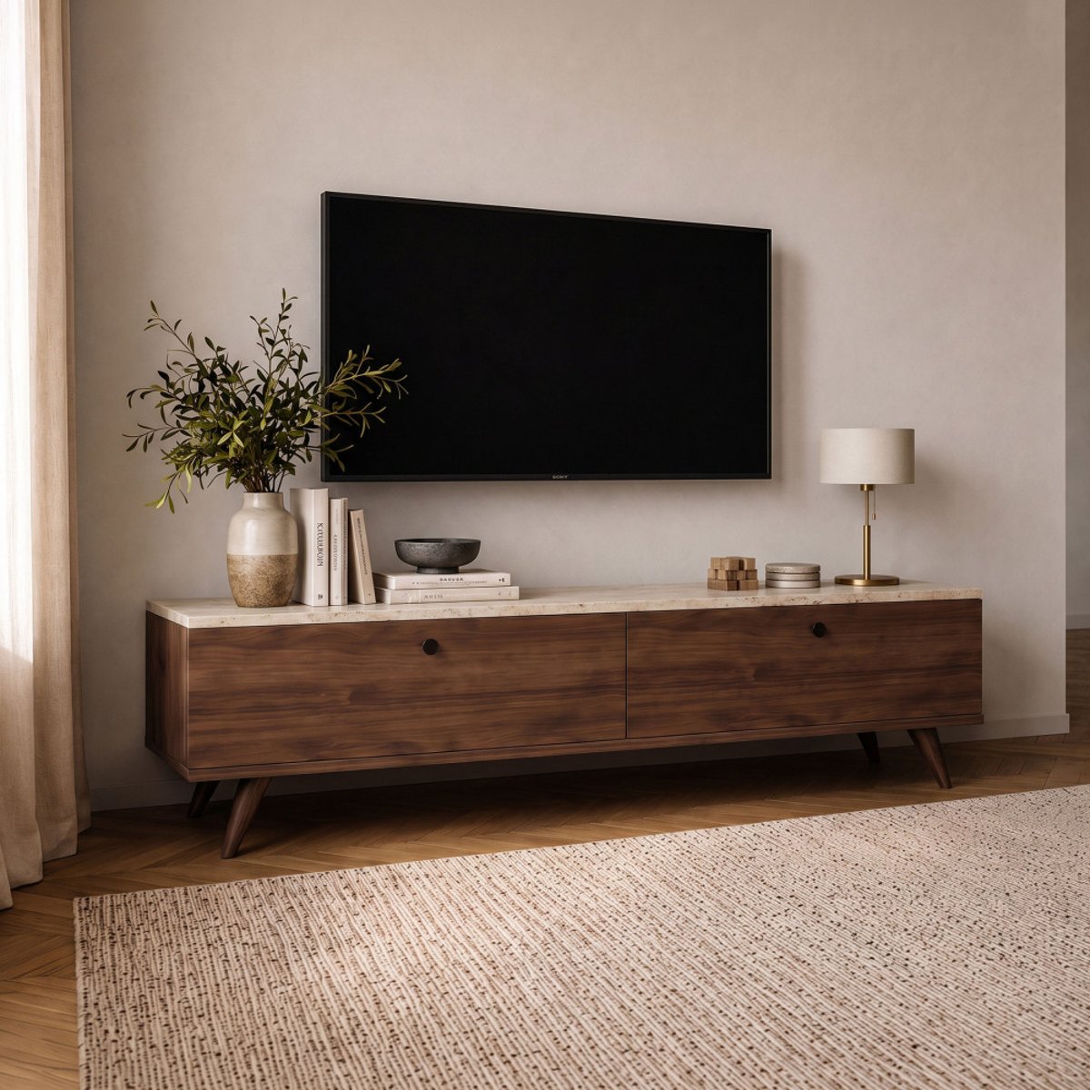 Meuble TV 2 portes plateau effet travertin et bois L140cm- YARA bois foncé, DRAWER