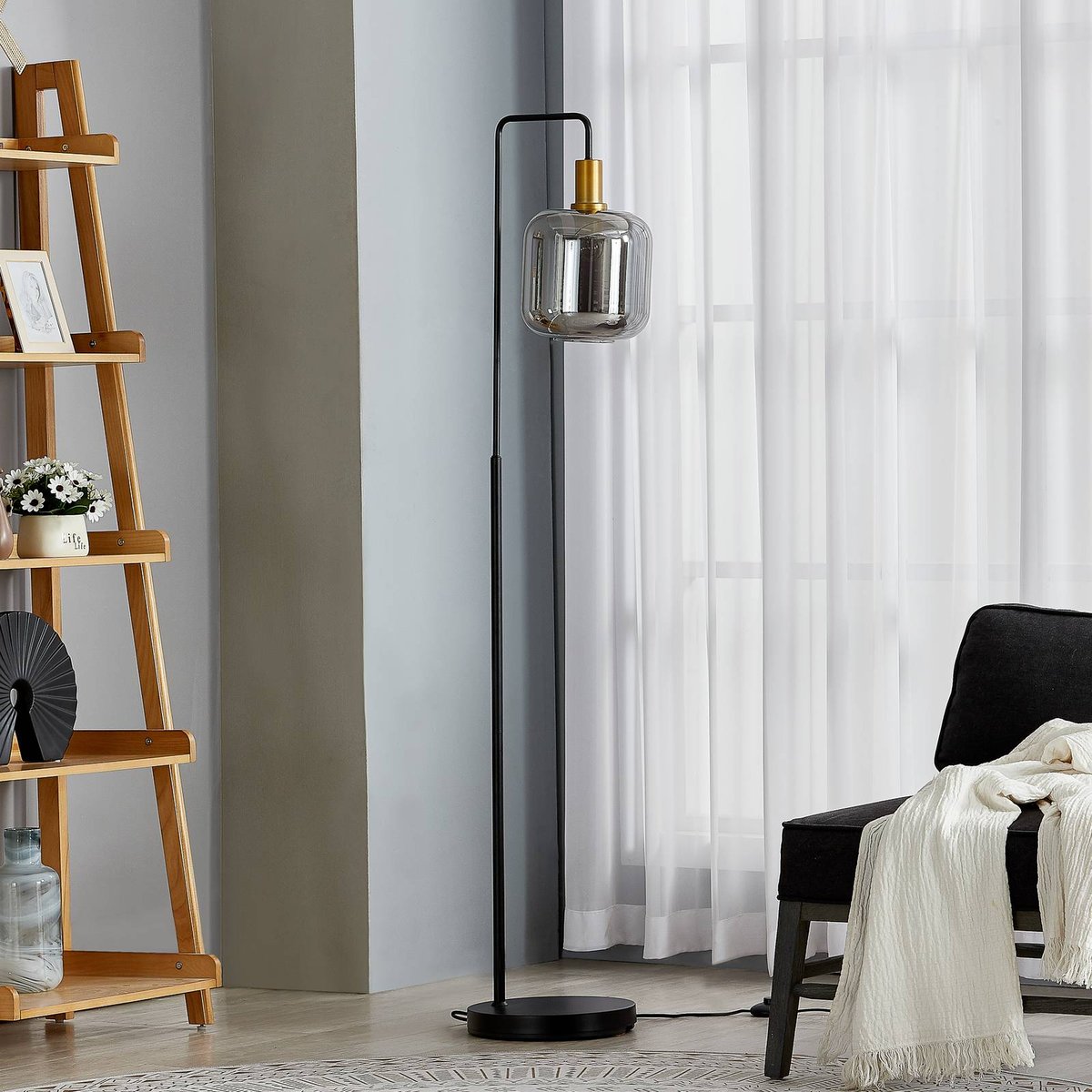 Lampadaire en métal moderne, Nimbora noir, or, smoke, LINDBY