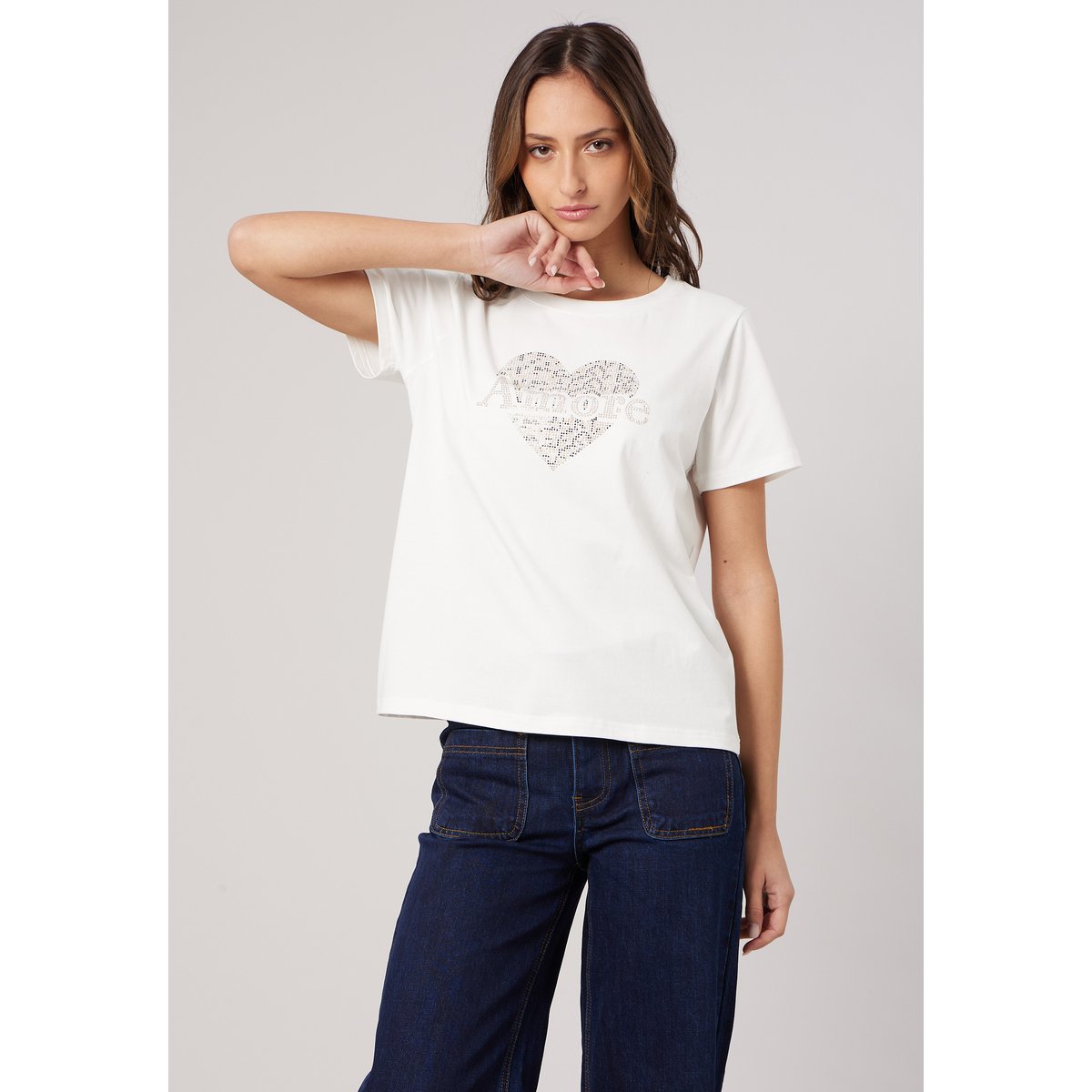 T-shirt regular femme en coton stretch avec cœur en strass SOLINE off white, DEELUXE
