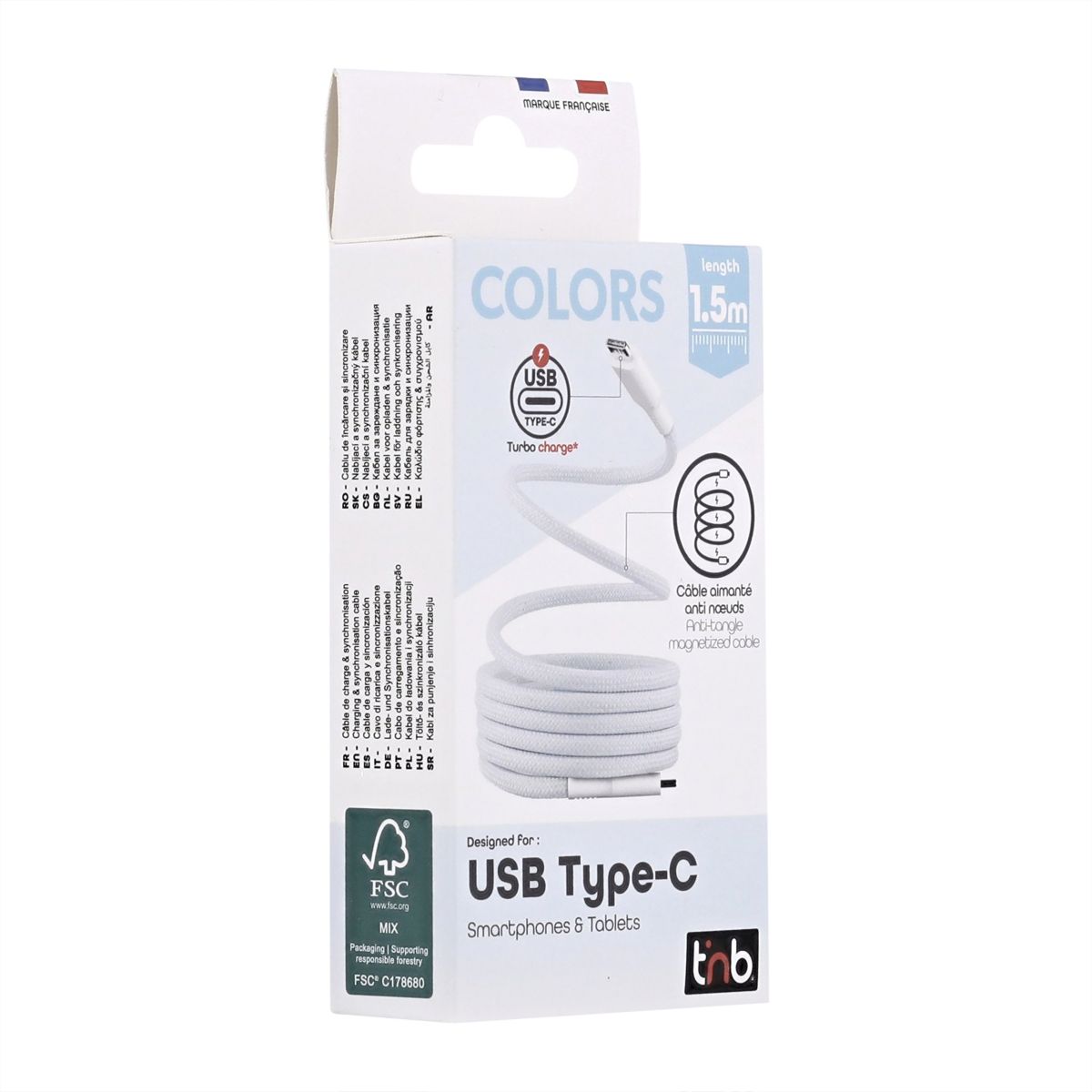 Câble de charge USB-C/USB-C 1.5m gaine aimantée bleu couleur unique, TNB