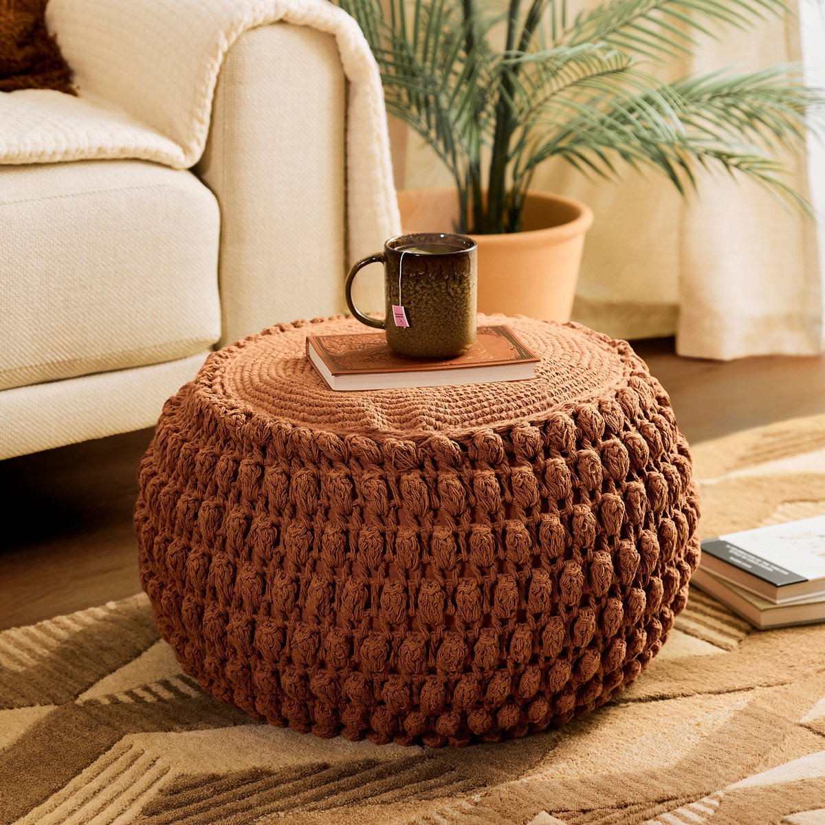 Pouf repose-pieds rond en coton crochet main Oeko-Tex® - RIVA terracotta, ICON