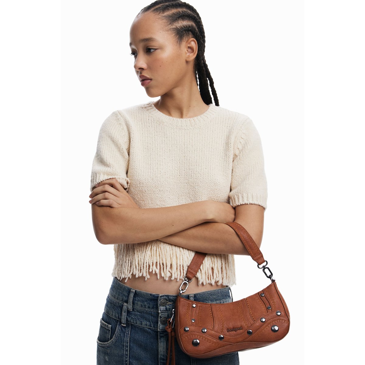 Petit sac effet cuir brodé marron, DESIGUAL