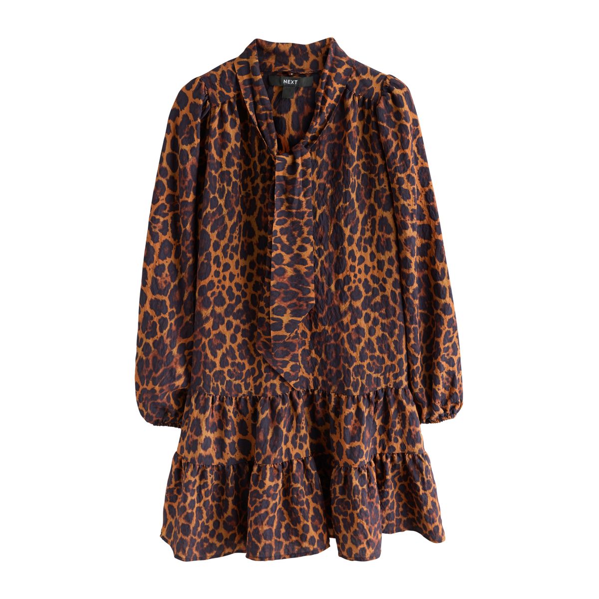 Robe courte à manches longues et col noué imprimé animal, NEXT