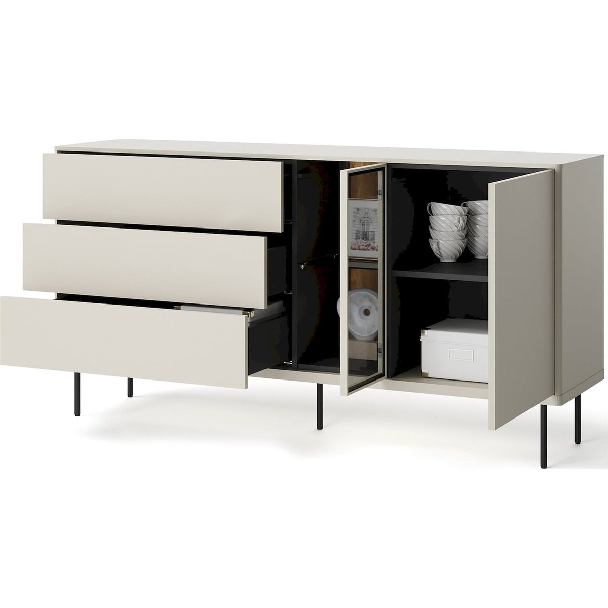 Buffet vitrine 2 portes 3 tiroirs EPIRO beige grisé et chêne foncé, RECOLLECTION