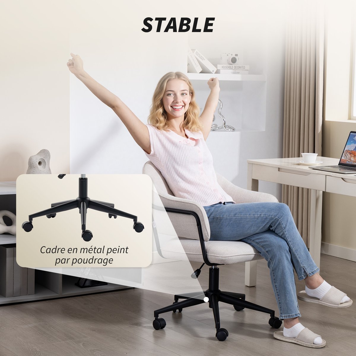 Chaise de bureau Lin (100% polyester) Blanc blanc crème, HOMCOM