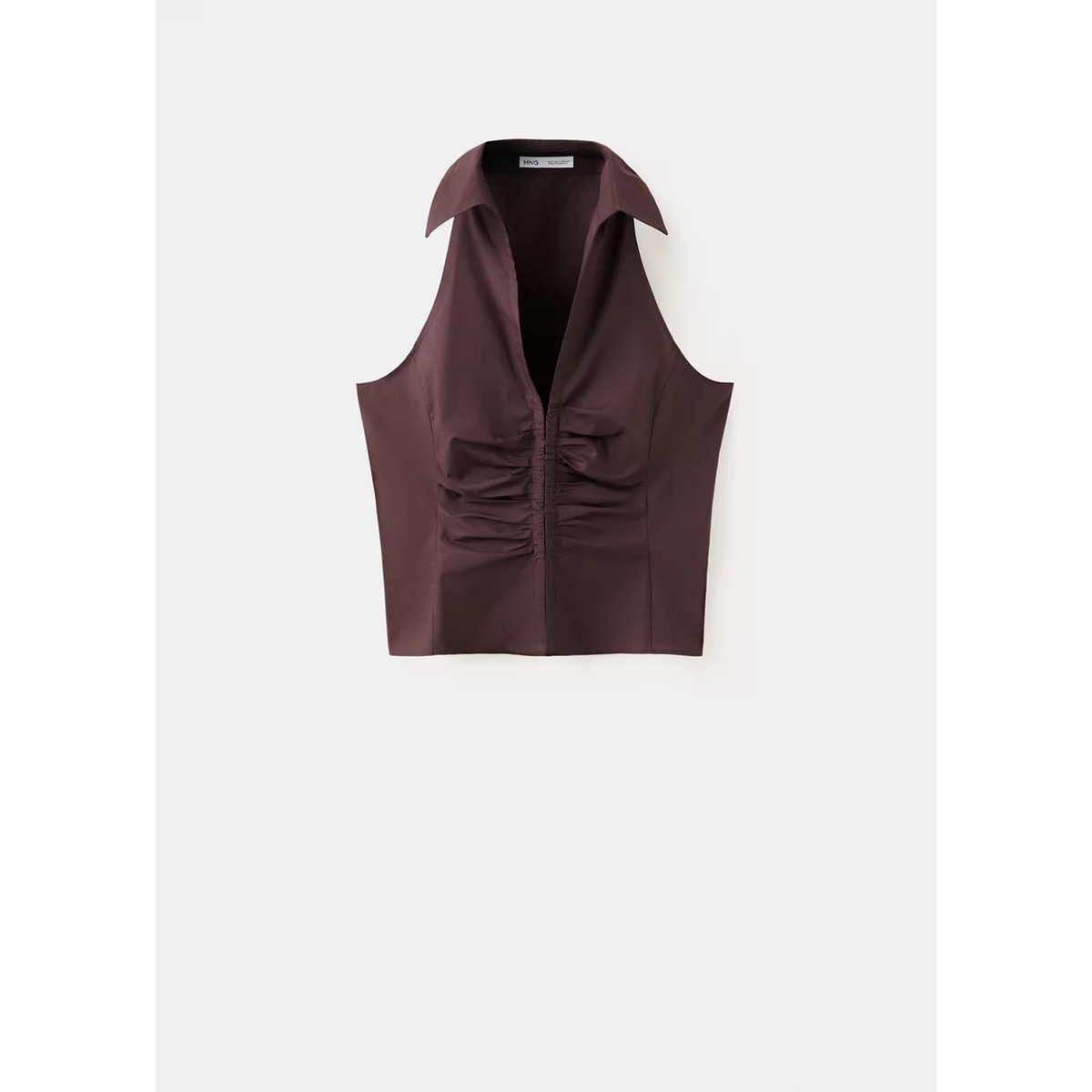 Top col en V froncé marron, MANGO