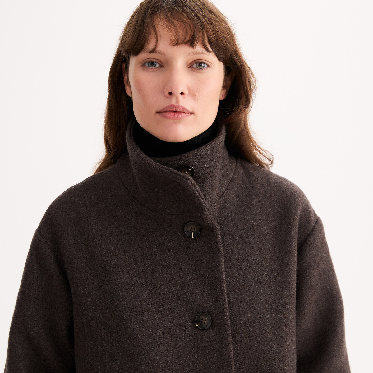 Manteau long, col montant, fermeture boutonnée en laine mélangée marron chiné, ANNE WEYBURN