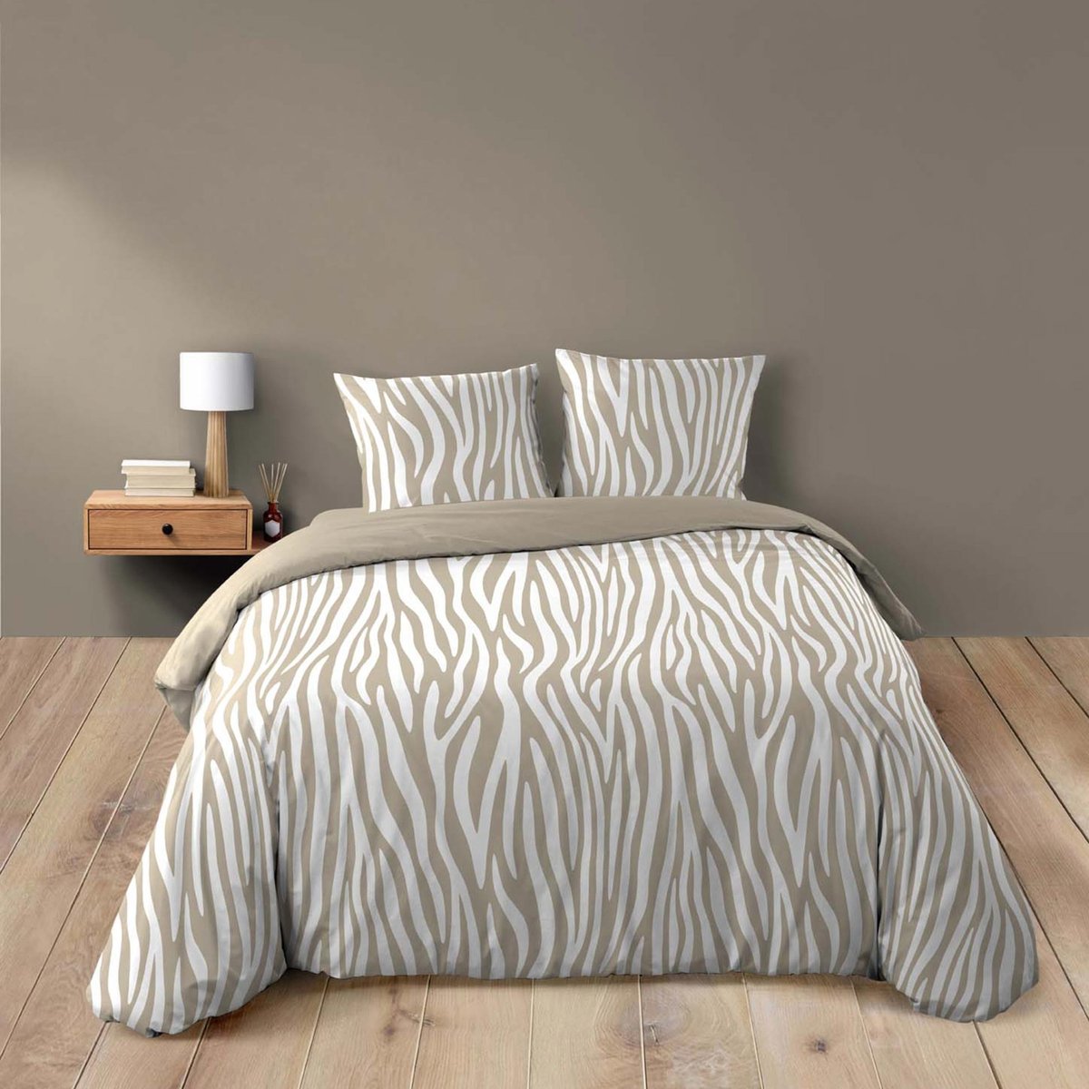 Parure de lit 3 pièces 100 % coton imprimé zèbre housse + taies naturel, DOUCEUR D'INTÉRIEUR