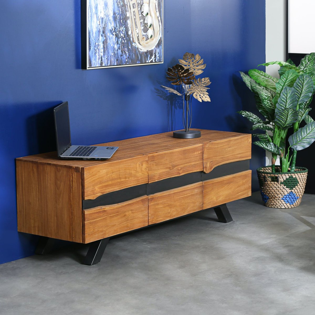 Meuble TV contemporain bois recyclé de teck et bandeau noir laqué 3 portes style moderne 160 cm BARBADE bois naturel, PIER IMPORT