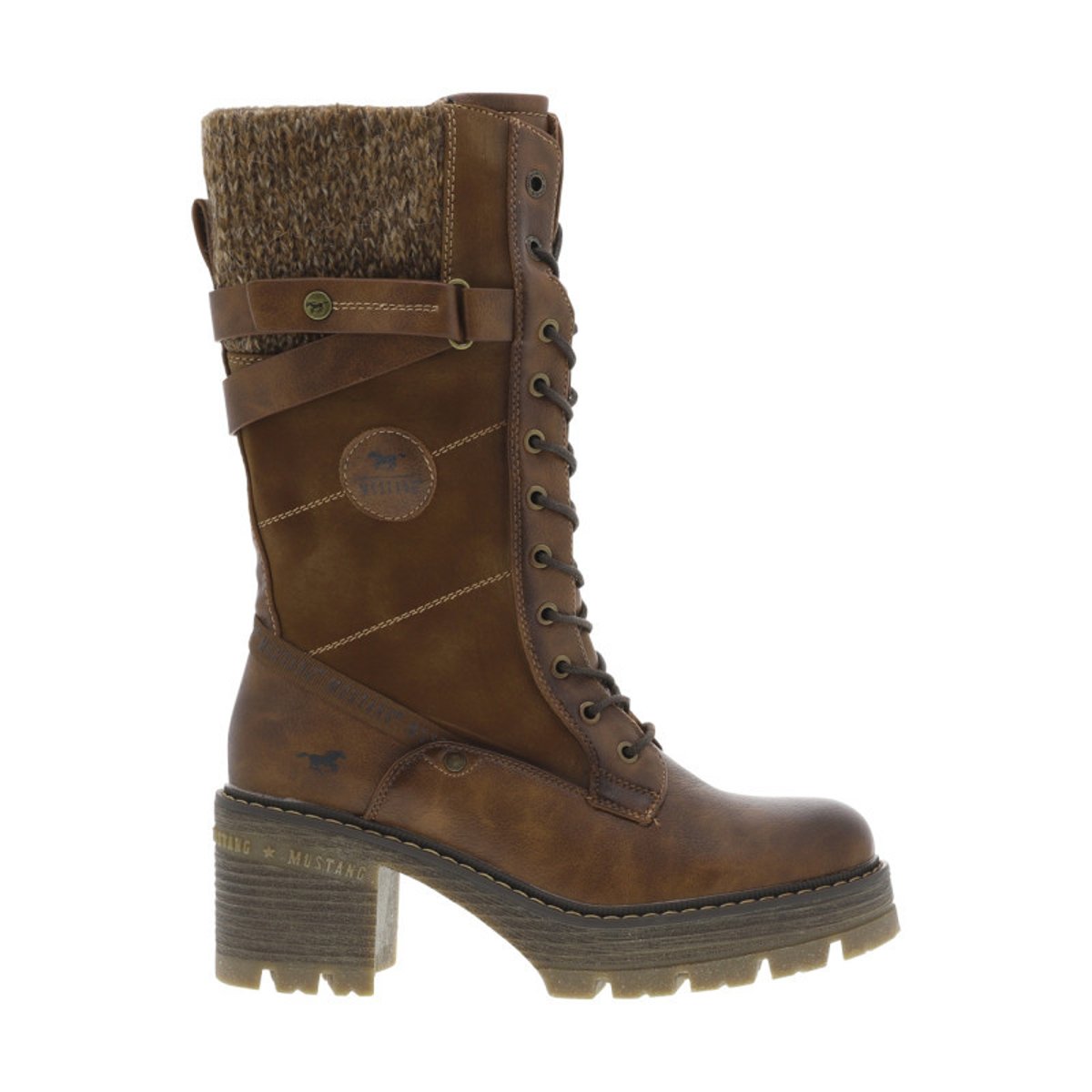 Bottes brunes à talon décroché moyen avec un zip et des lacets ronds brunes, MUSTANG
