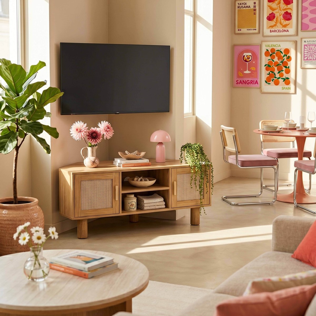 Meuble TV d'angle effet bois et cannage 120 cm en rotin synthétique style bohème, ADAM bois clair, OVIALA