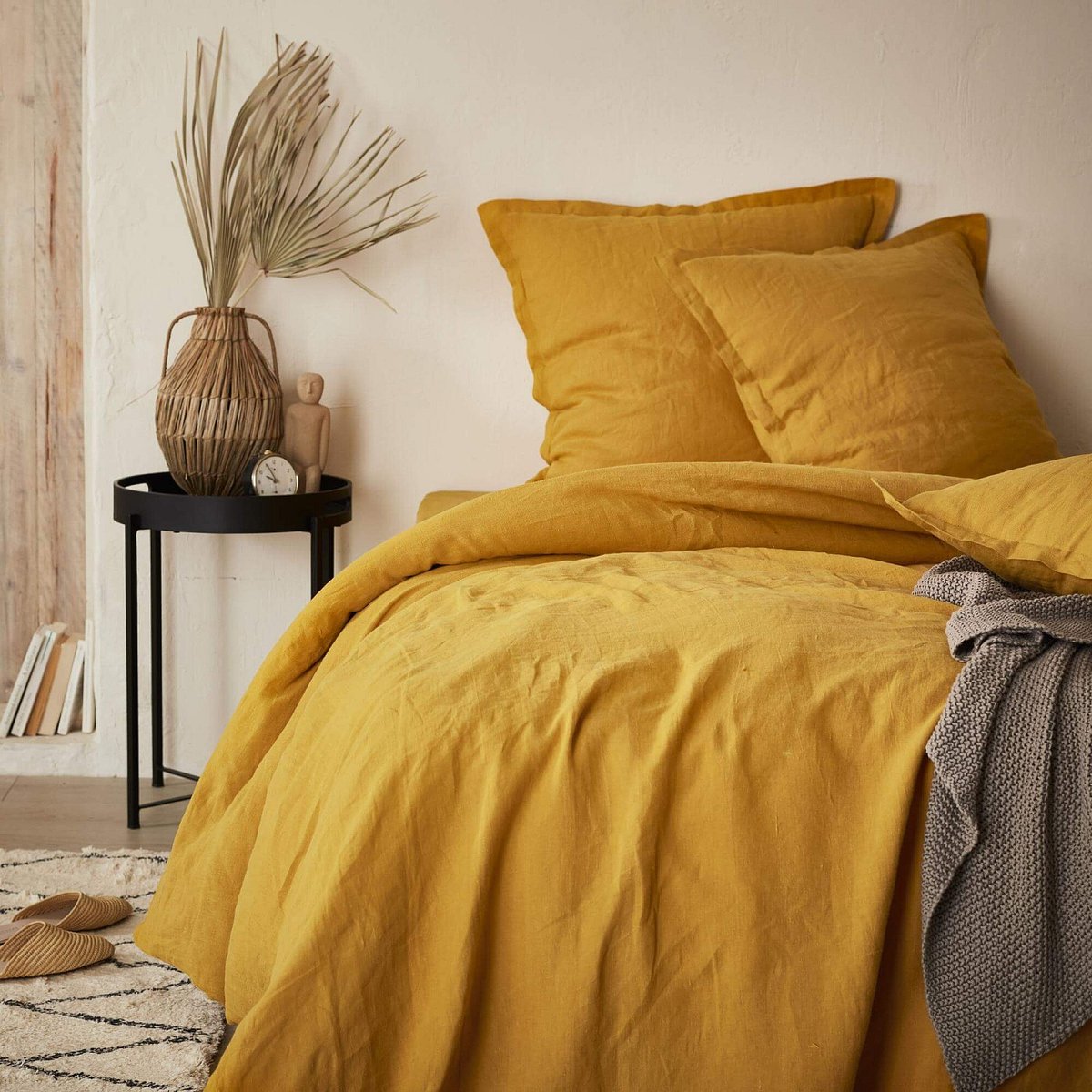 Drap housse en lin LINEN jaune moutarde, HABITAT