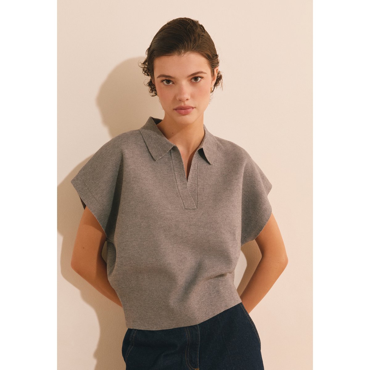 Pull manches courtes avec col polo FEI POLO MC gris clair, ETAM