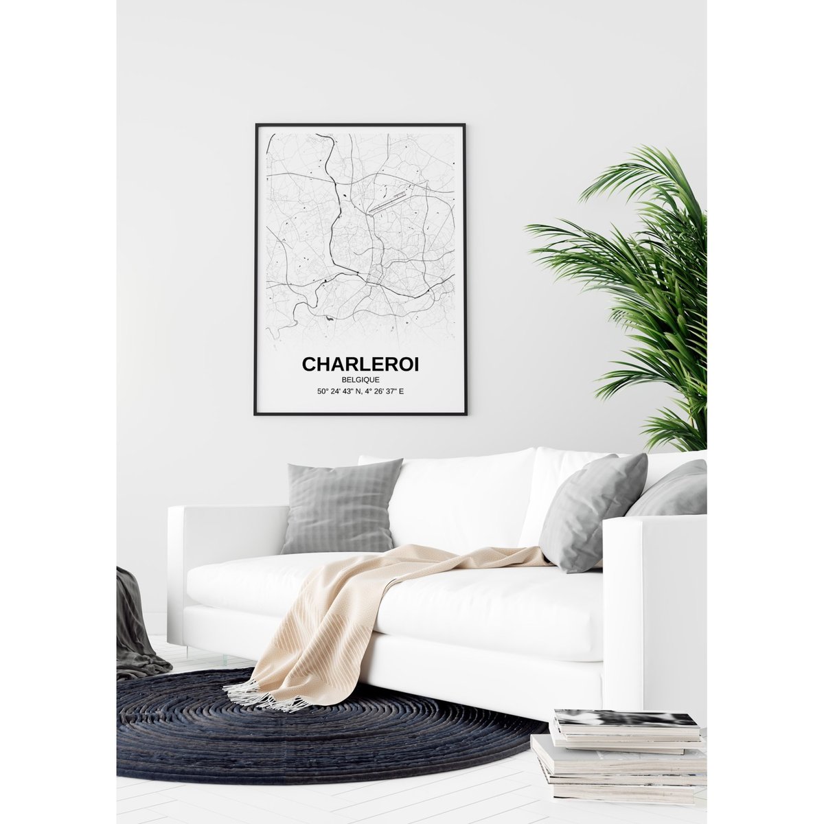 Affiche carte Charleroi - rectangle Noir et Blanc blanc, L'AFFICHERIE