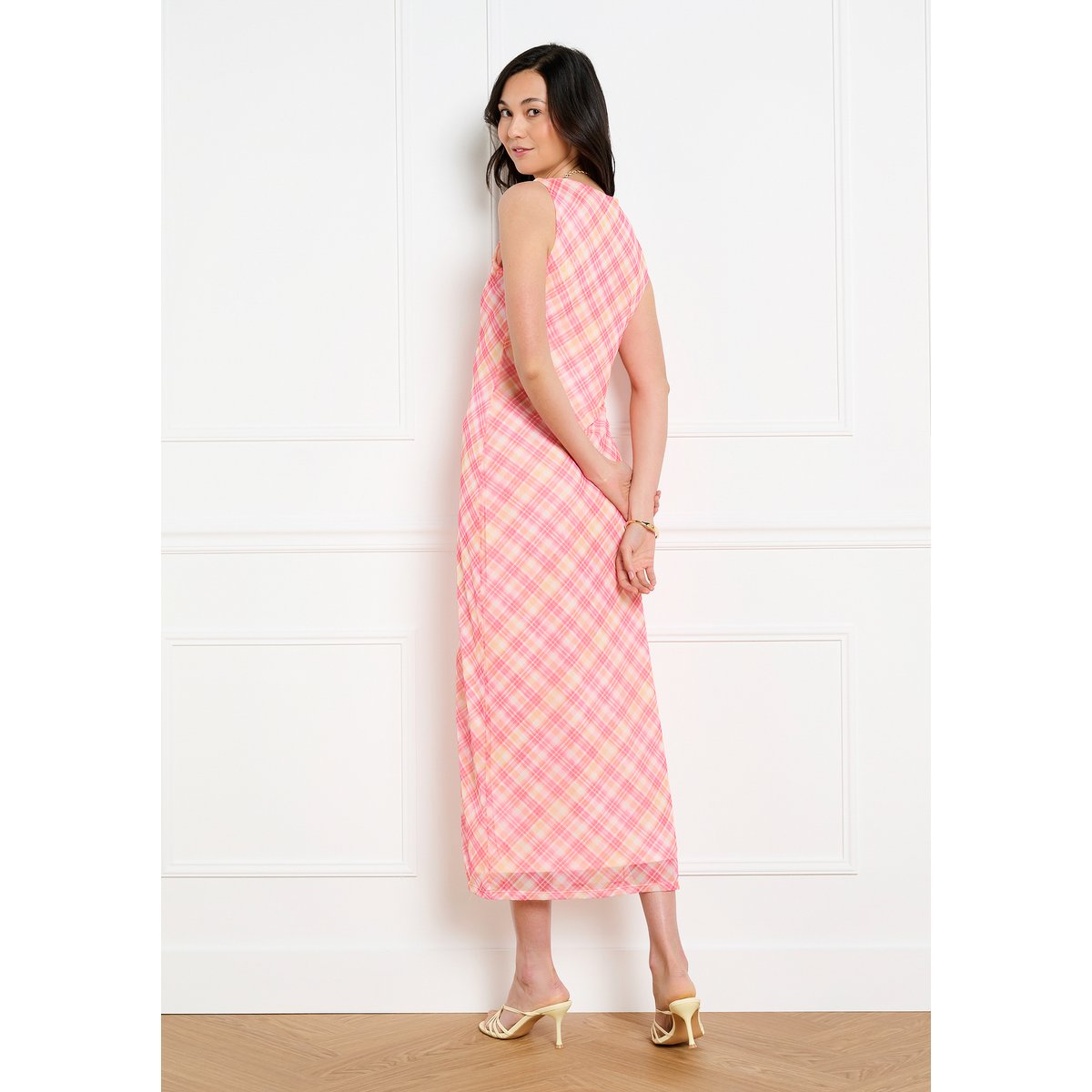 Robe midi en mesh à carreaux orange, LOLALIZA