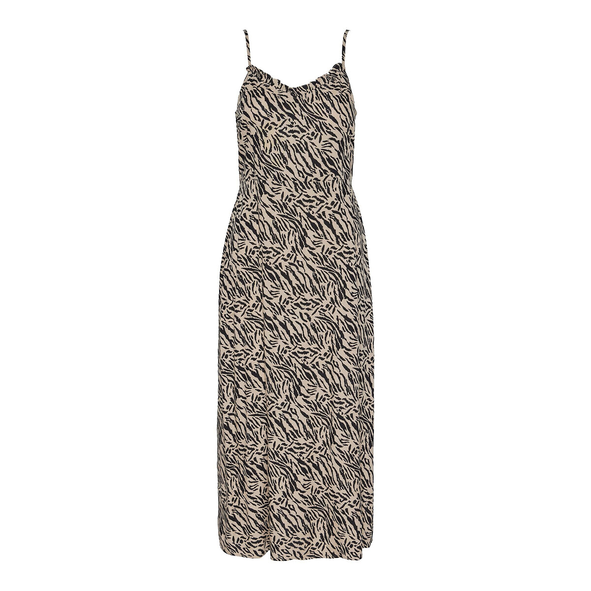 Abito lungo stampato con spalline sottili fantasia animalier, PIECES