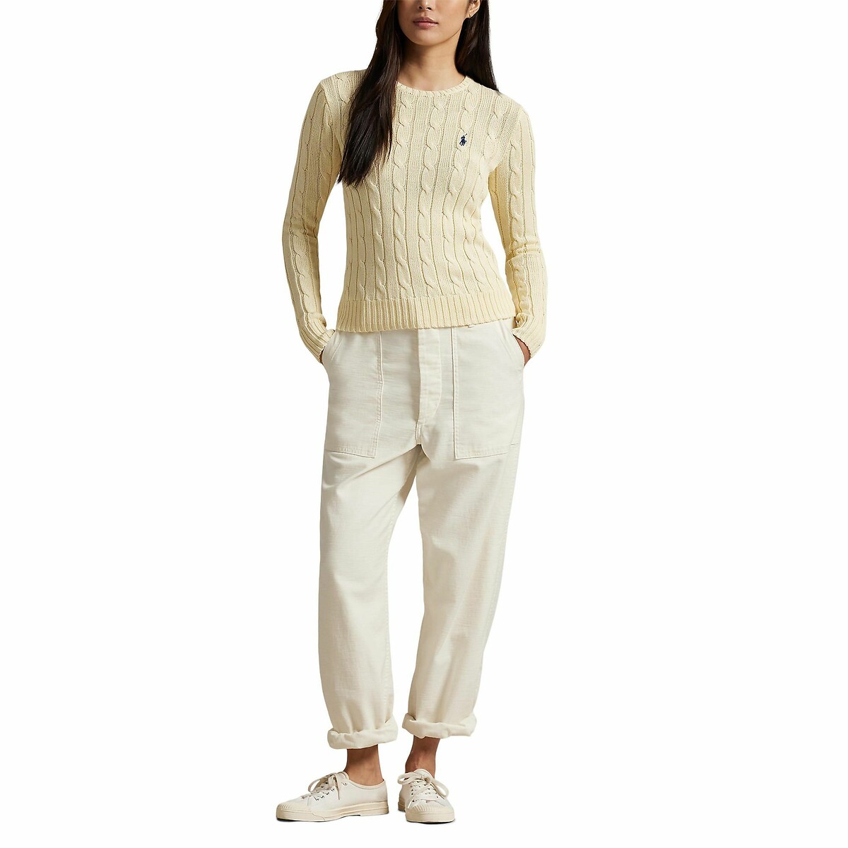 Katoenen kabeltrui met ronde hals creme   , POLO RALPH LAUREN