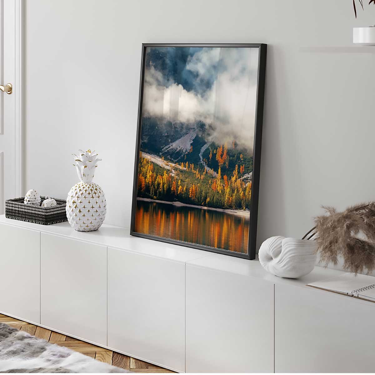Affiche encadrée paysage lac de montagne et forêt d’automne affiche + cadre en métal - noir, HEXOA