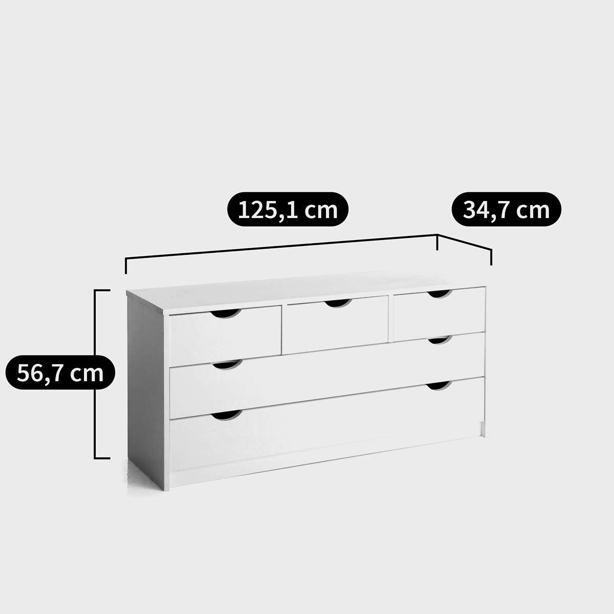 Commode 5 tiroirs, pin massif, Crawley blanc laque, SO'HOME