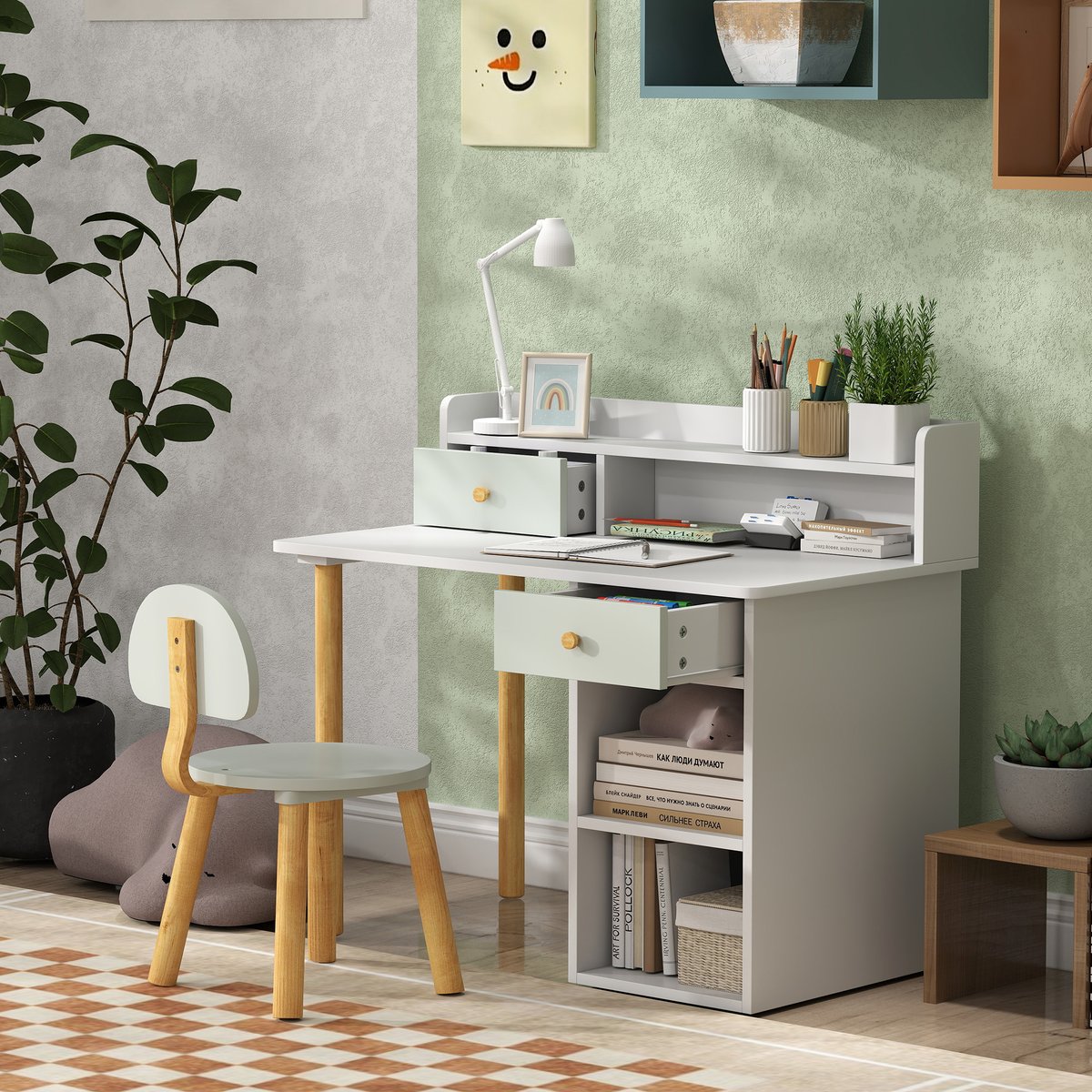 Bureau d'étude pour enfants avec chaise MDF vert clair, blanc, AIYAPLAY