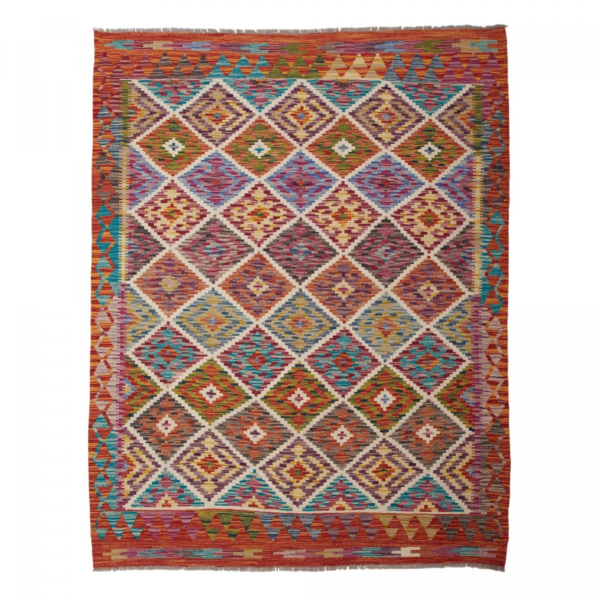 Tapis d'orient géométrique, tissé à plat, artisanal en laine multicolore, bleu, rouge, UN AMOUR DE TAPIS