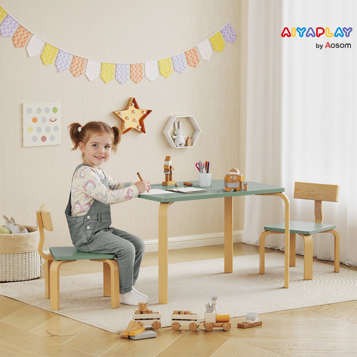 Ensemble table et chaises pour enfants Bois vert et bois naturel, AIYAPLAY
