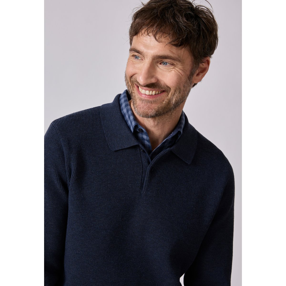 Pull Thermolactyl col polo en maille texturée bleu marine, DAMART