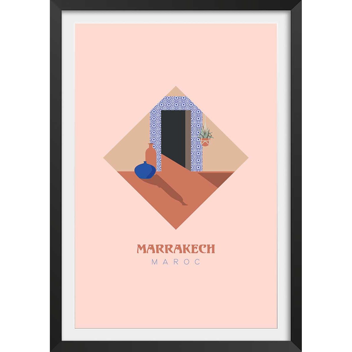 Affiche illustration graphique marrakech maroc affiche + cadre en bois - noir, HEXOA