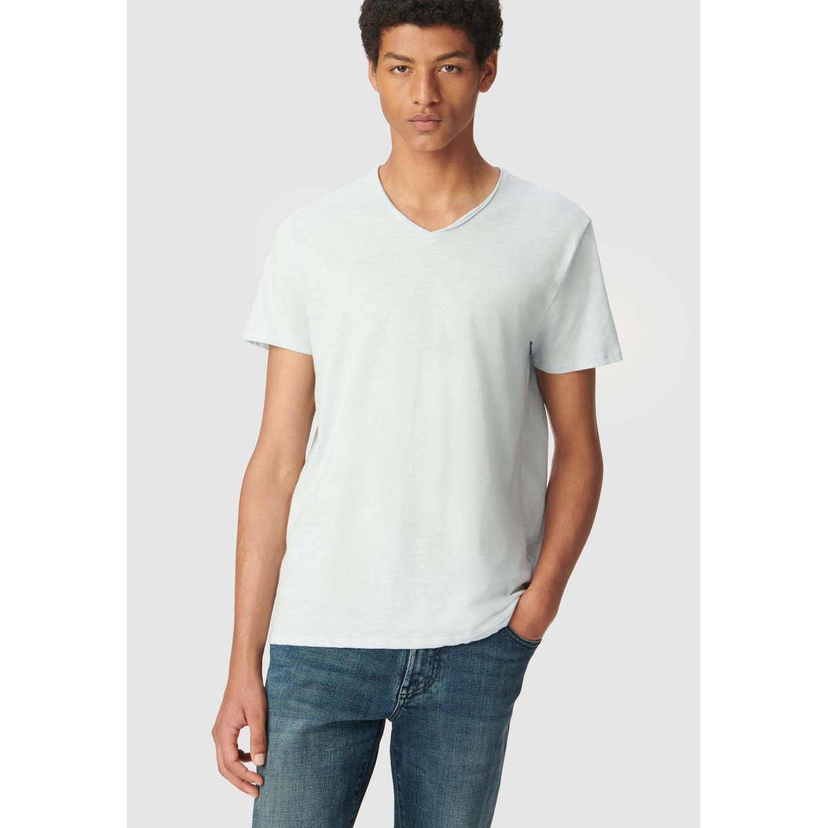Tee-shirt coton bio col V ESSENTIEL bleu ciel, IKKS