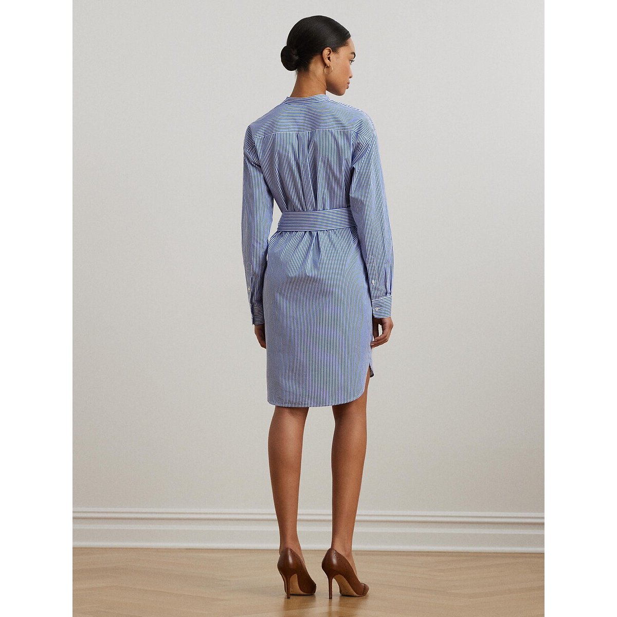 Striped Mini Shirt Dress with Mandarin Collar and Long Sleeves blue/white, LAUREN RALPH LAUREN