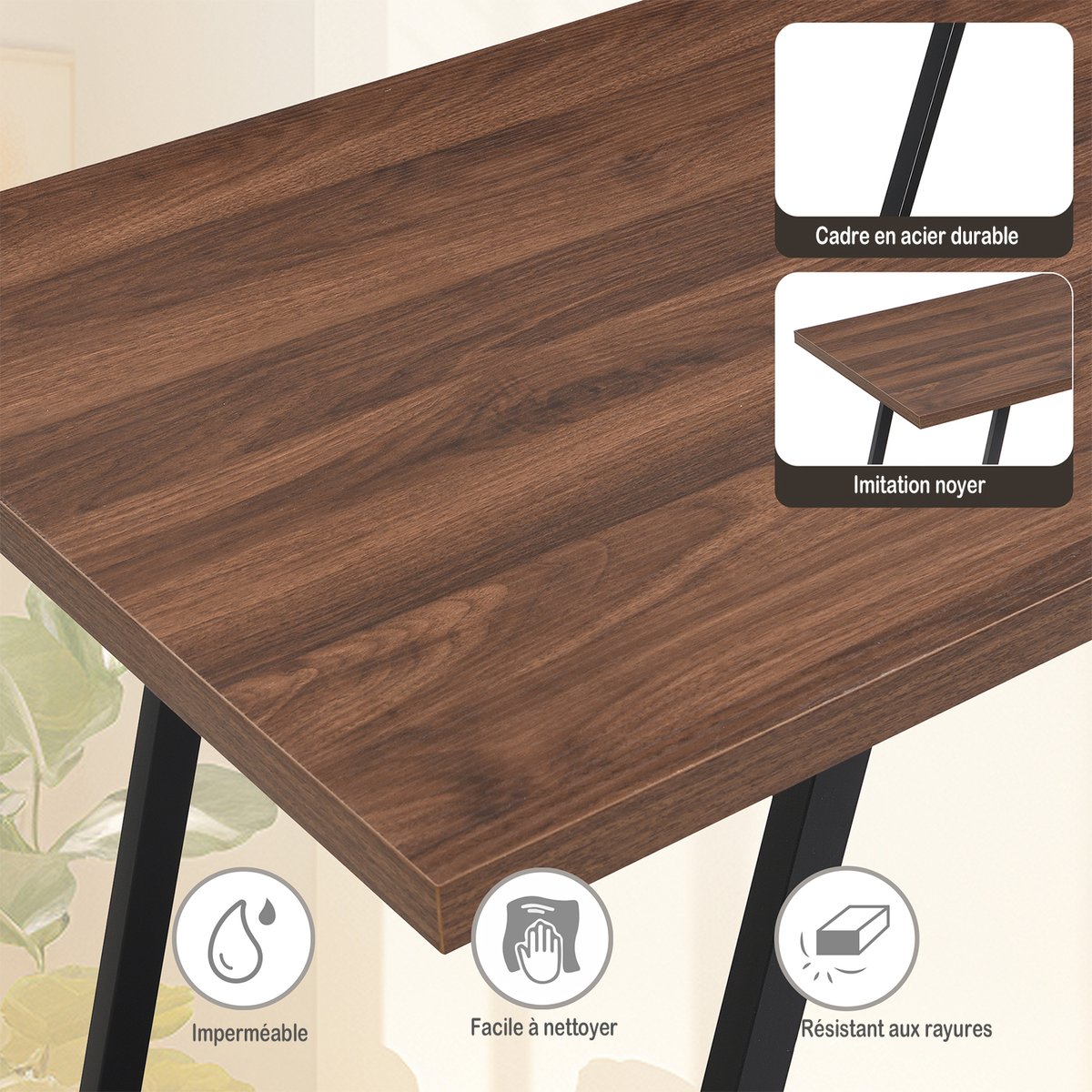 Bureau style industriel avec 3 tiroirs et 1 étagère intégrée, JO noyer, MEUBLES COSY
