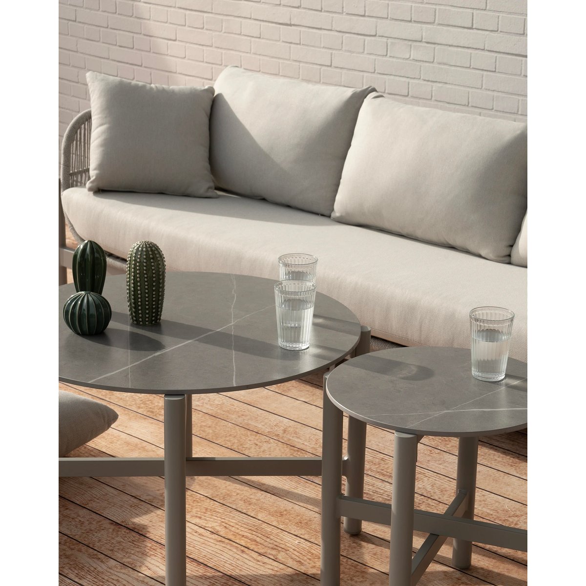 Table basse, ronde, 2 tables, MILOS beige, plateau pierre, DEFORA HOME