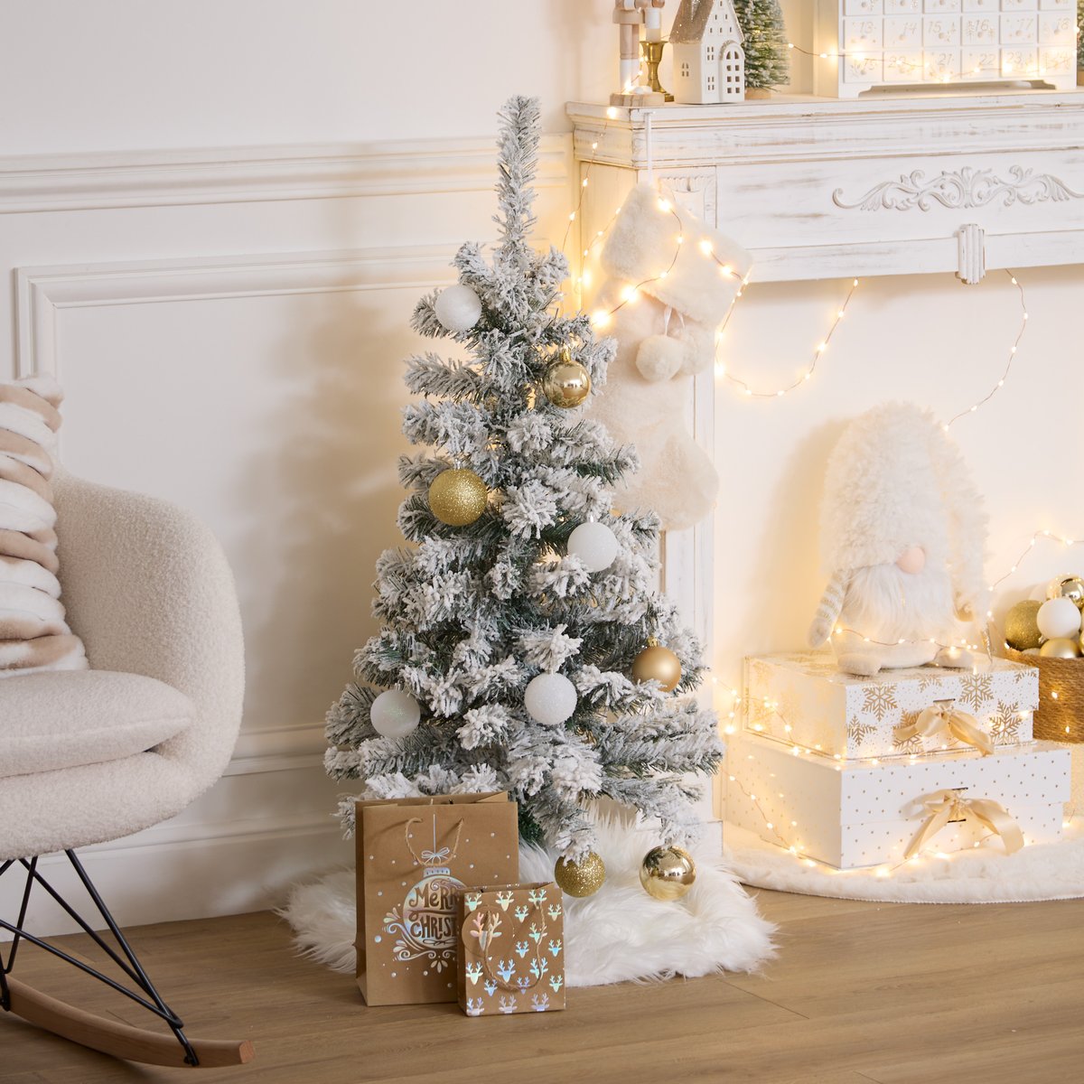 Sapin de Noël artificiel floqué 100 cm blanc, FEERIC LIGHTS & CHRISTMAS