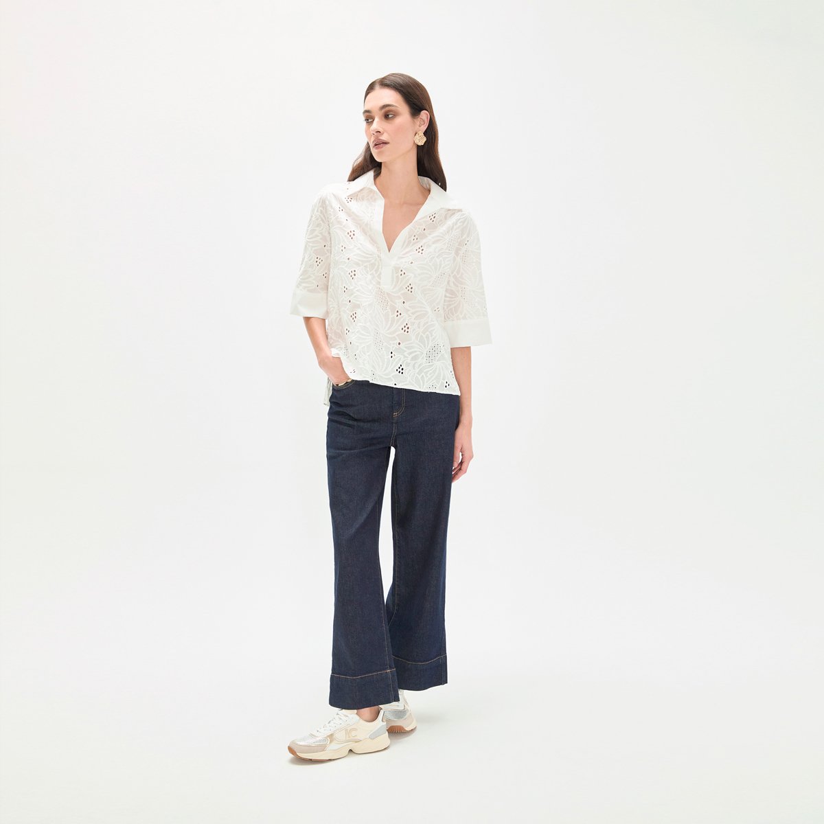 Blouse en broderie anglaise à manches courtes blanc, LOLA CASADEMUNT