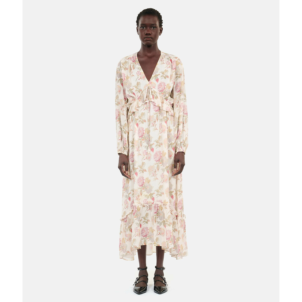 Floral Silk Maxi Dress with Ruffles and Long Sleeves beige print, THE KOOPLES
