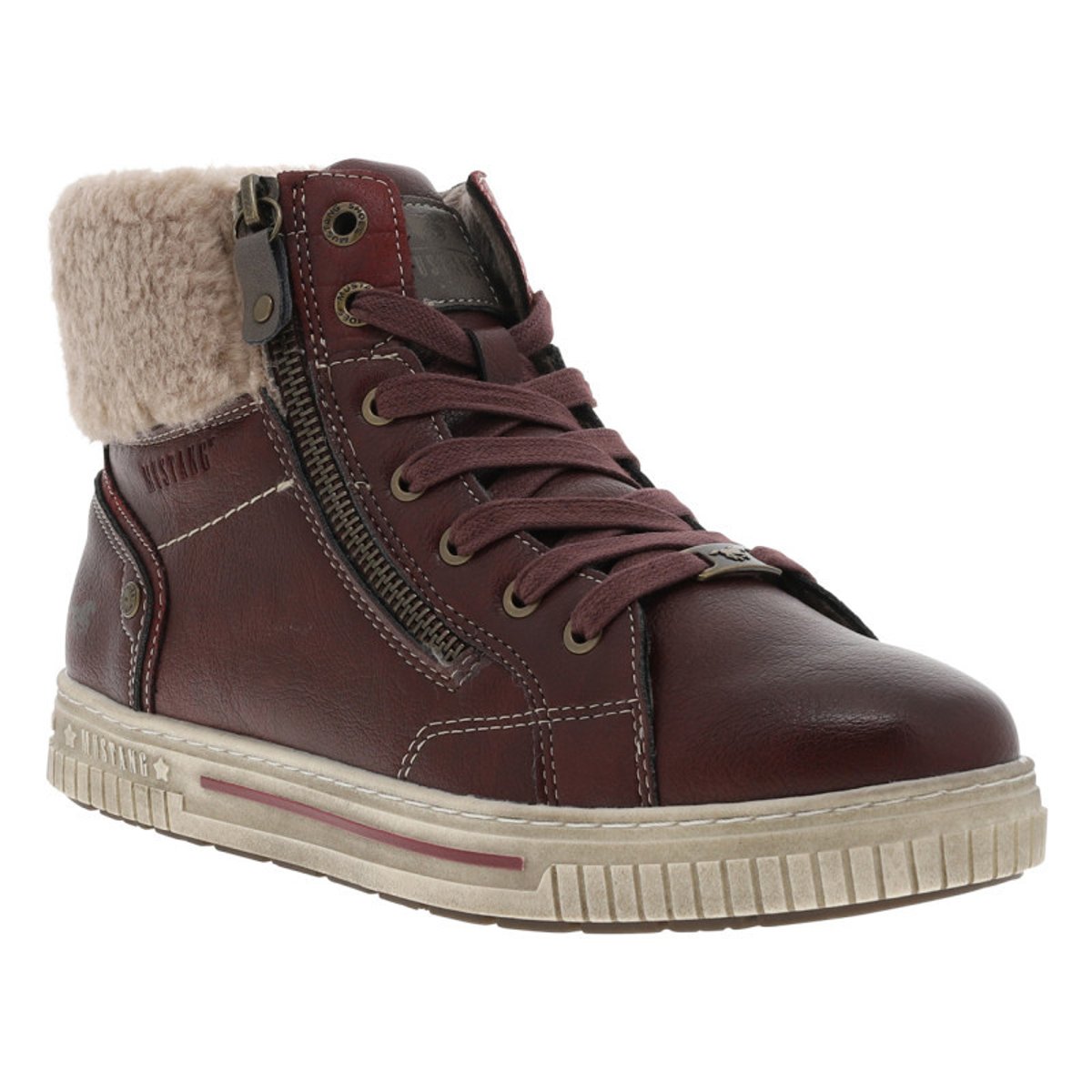 Tennis brunes à talon plat avec des lacets et un zip latéral bordeaux, MUSTANG