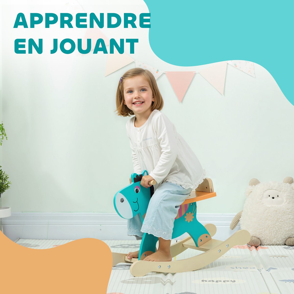 Cheval à bascule pour enfants Contreplaqué vert foncé, orange, bois, AIYAPLAY